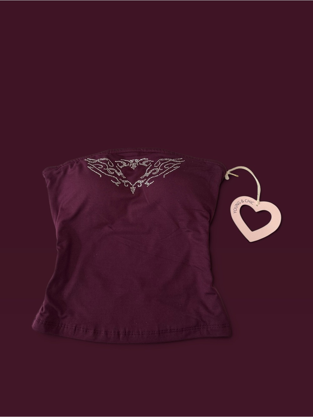 Strapless Burgundy Tube Camisole with Rhinestone Accent